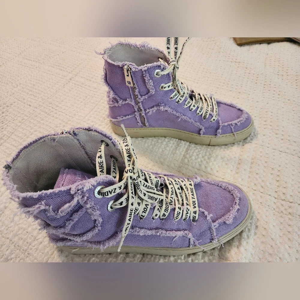 Zadig & Voltaire Lavender Distressed High-Top Cotton Canvas Sneakers Sz 40/9-9.5